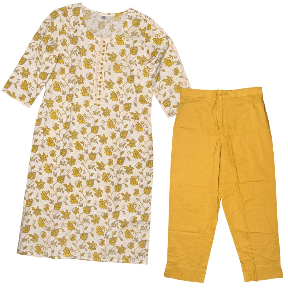 💙 Shehnaai Yellow Kurta Matching Two Piece Cotton Set Pants‎ Boho Indian